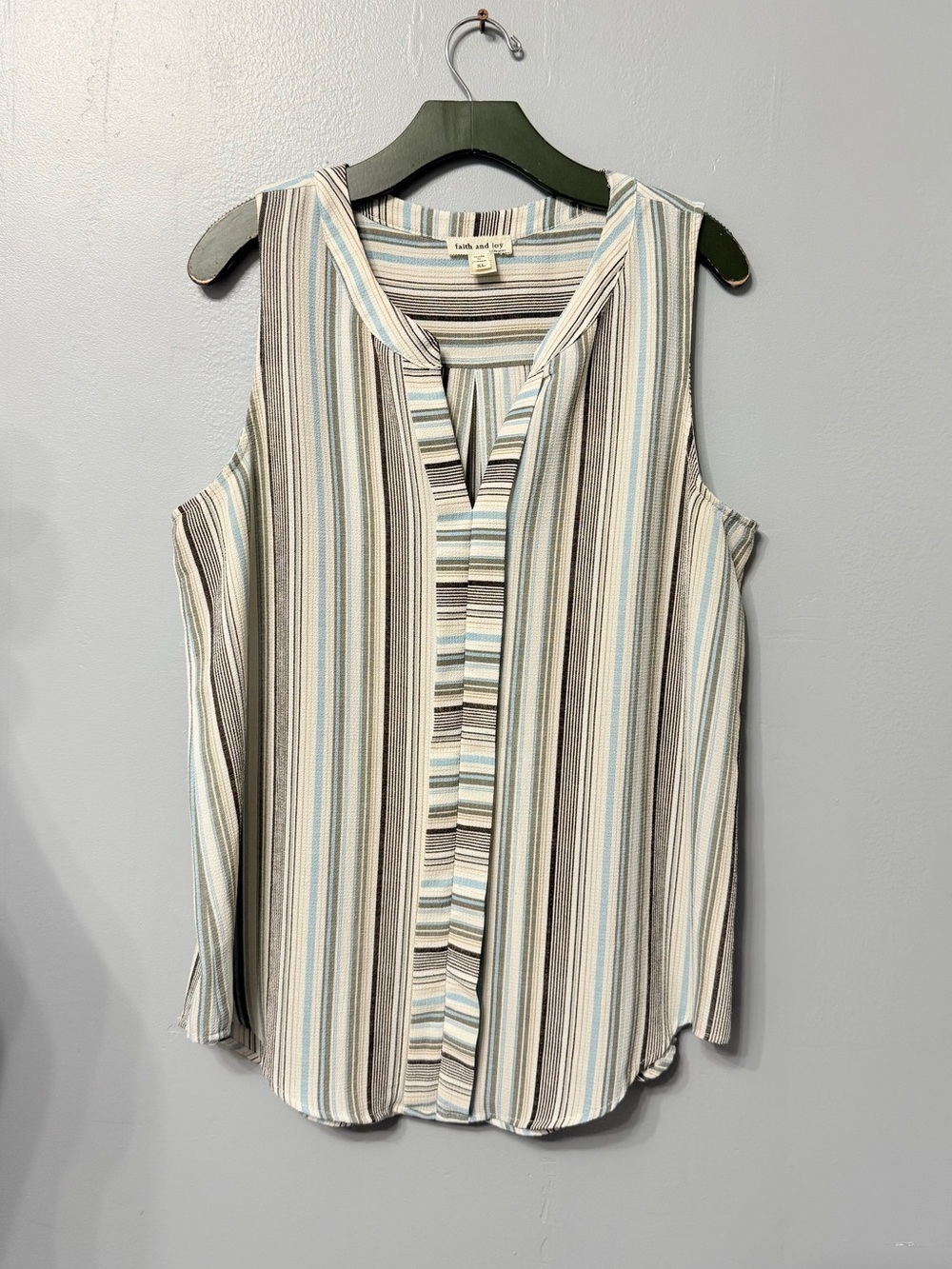 #17)  Faith and Joy Blue, White & Gray Striped Sleeveless V-Notch Camisole